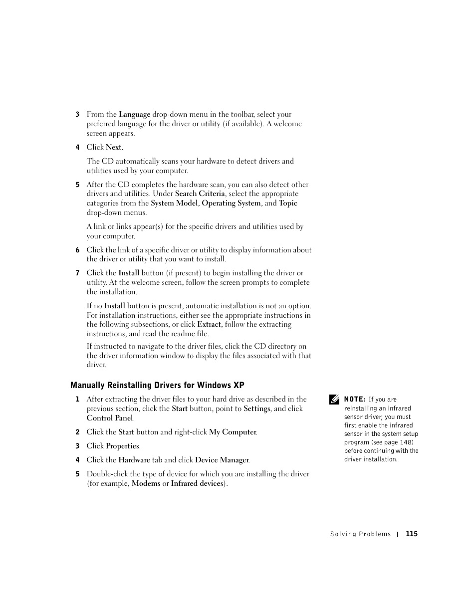 Manually reinstalling drivers for windows xp | Dell Inspiron 8500 User Manual | Page 115 / 186
