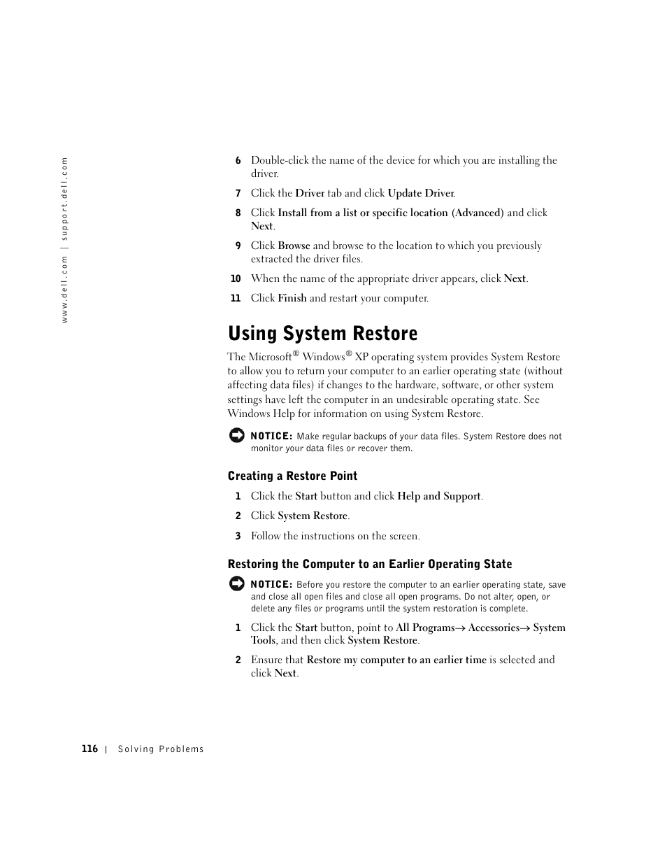 Using system restore, Creating a restore point | Dell Inspiron 8500 User Manual | Page 116 / 186