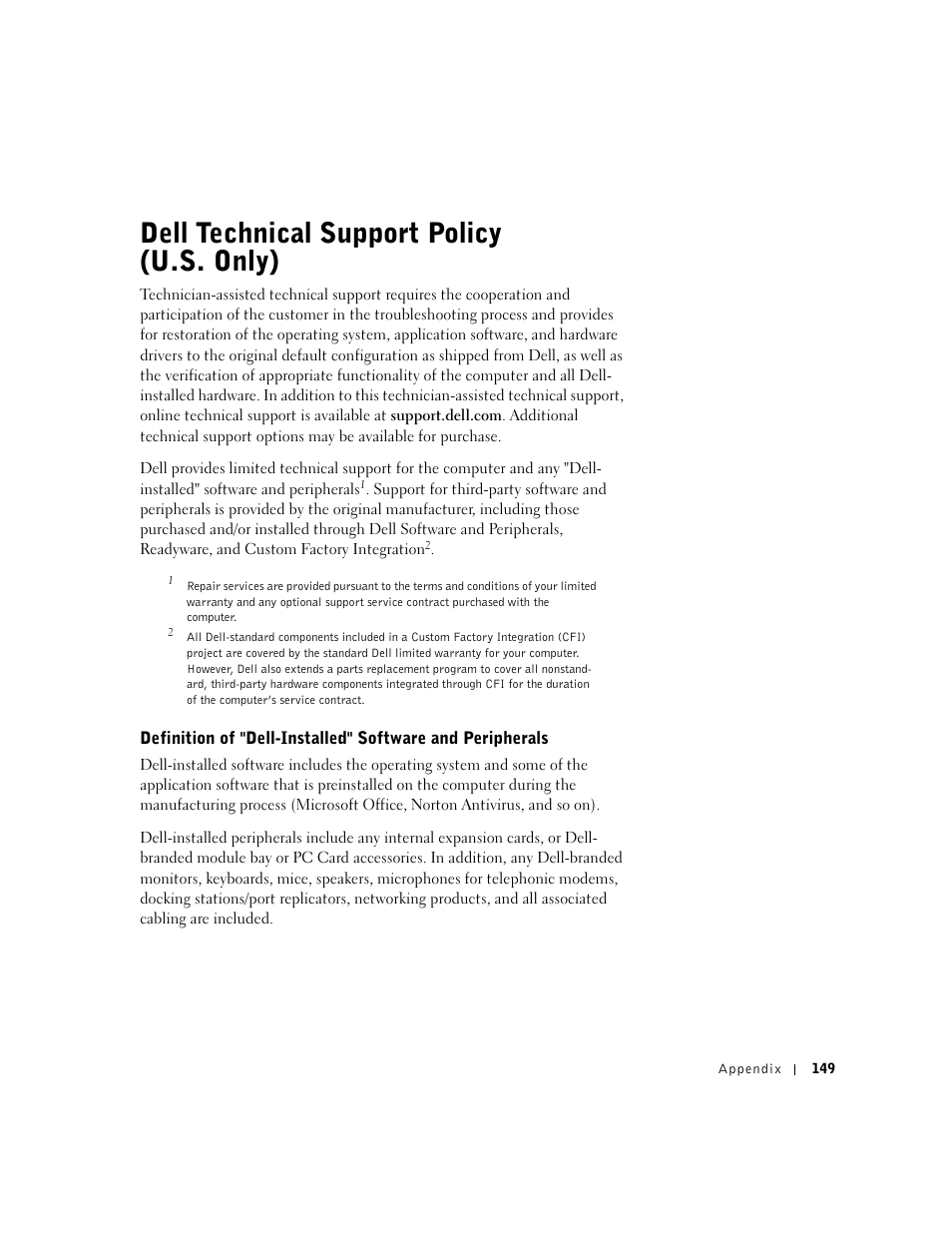 Dell technical support policy (u.s.only), Dell technical support policy (u.s. only) | Dell Inspiron 8500 User Manual | Page 149 / 186