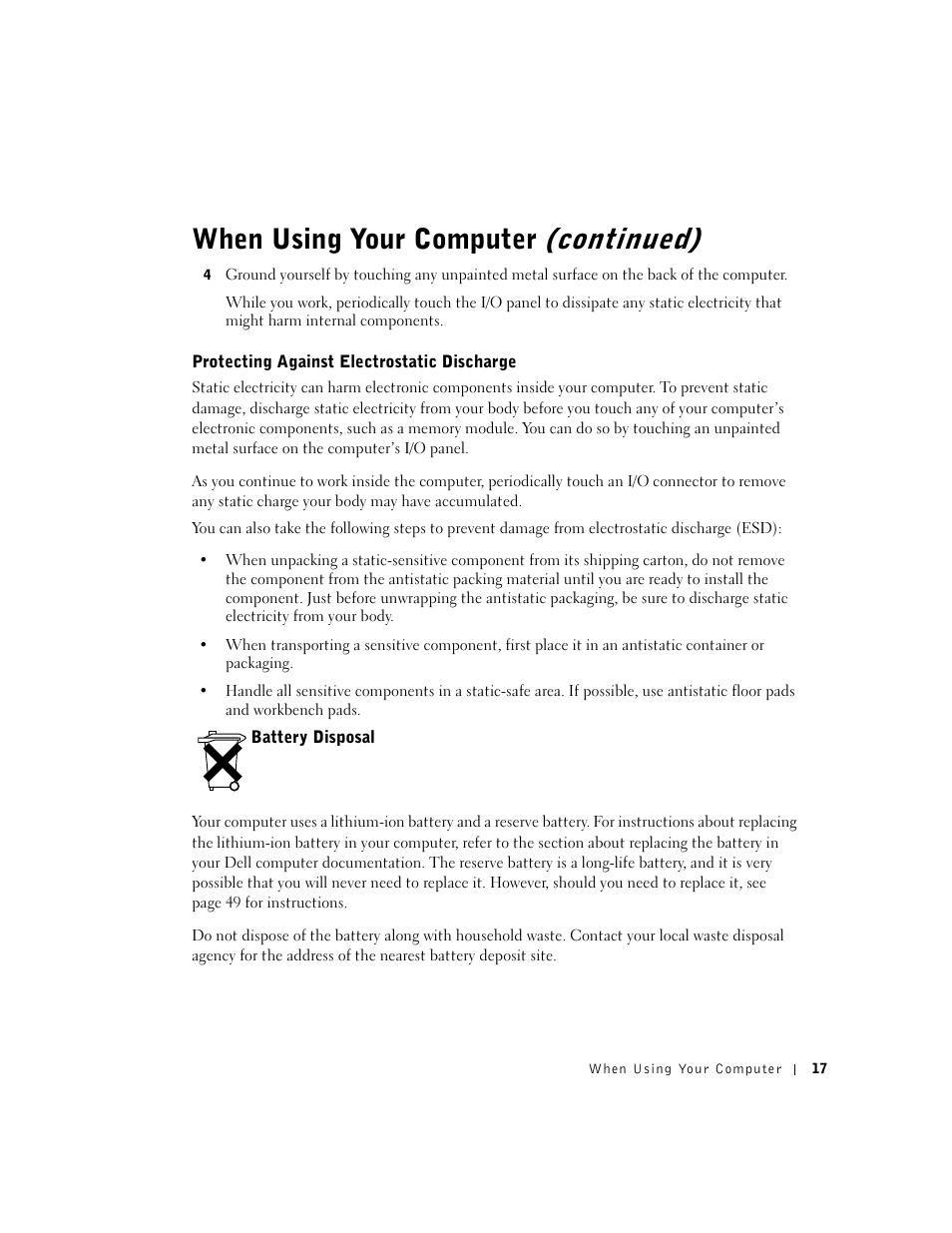 Protecting against electrostatic discharge, Battery disposal, Continued) | When using your computer | Dell Inspiron 8500 User Manual | Page 17 / 186
