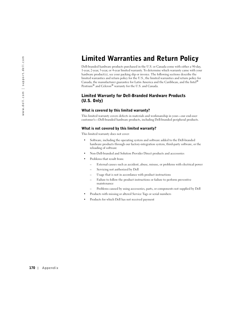 Limited warranties and return policy | Dell Inspiron 8500 User Manual | Page 170 / 186