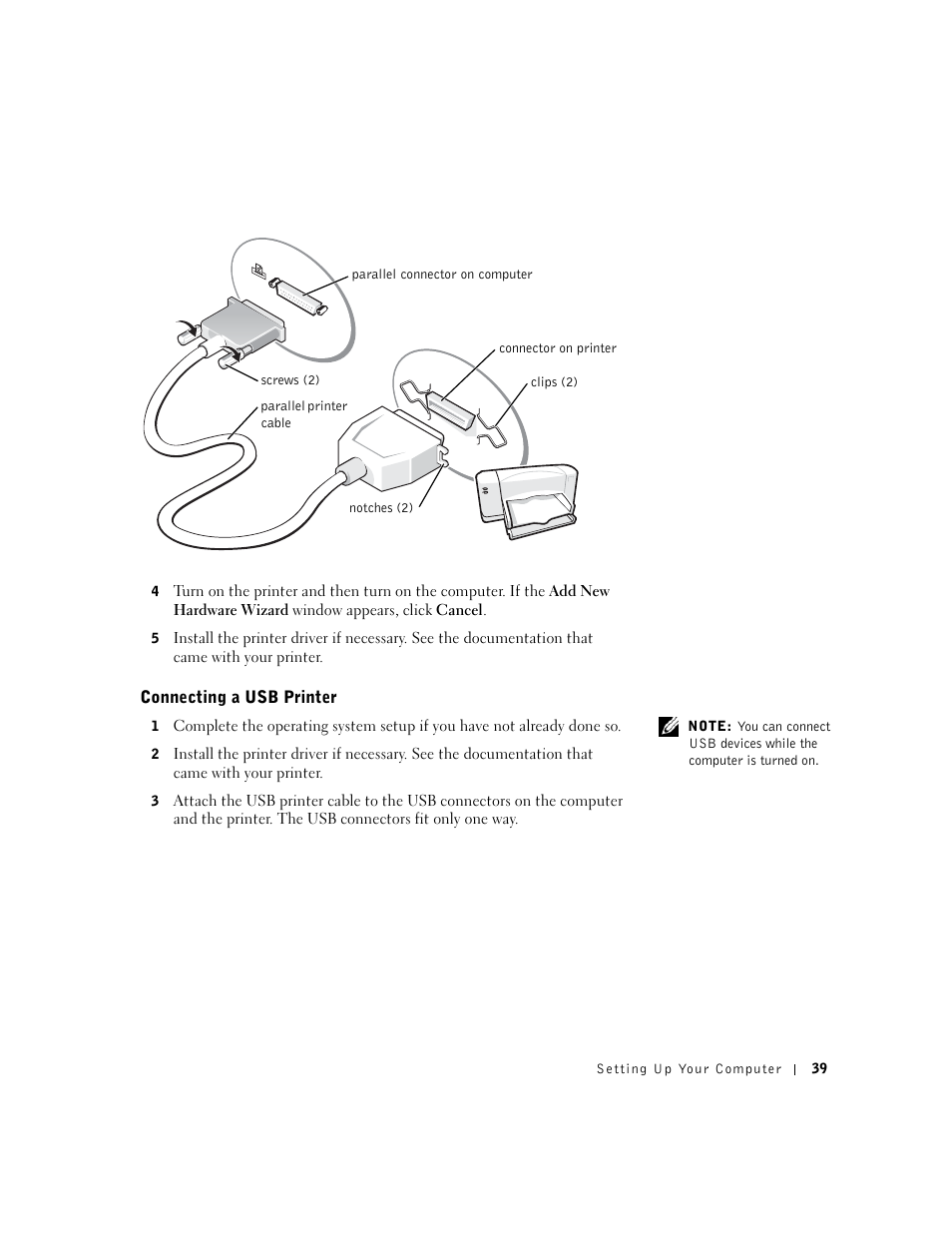 Connecting a usb printer | Dell Inspiron 8500 User Manual | Page 39 / 186
