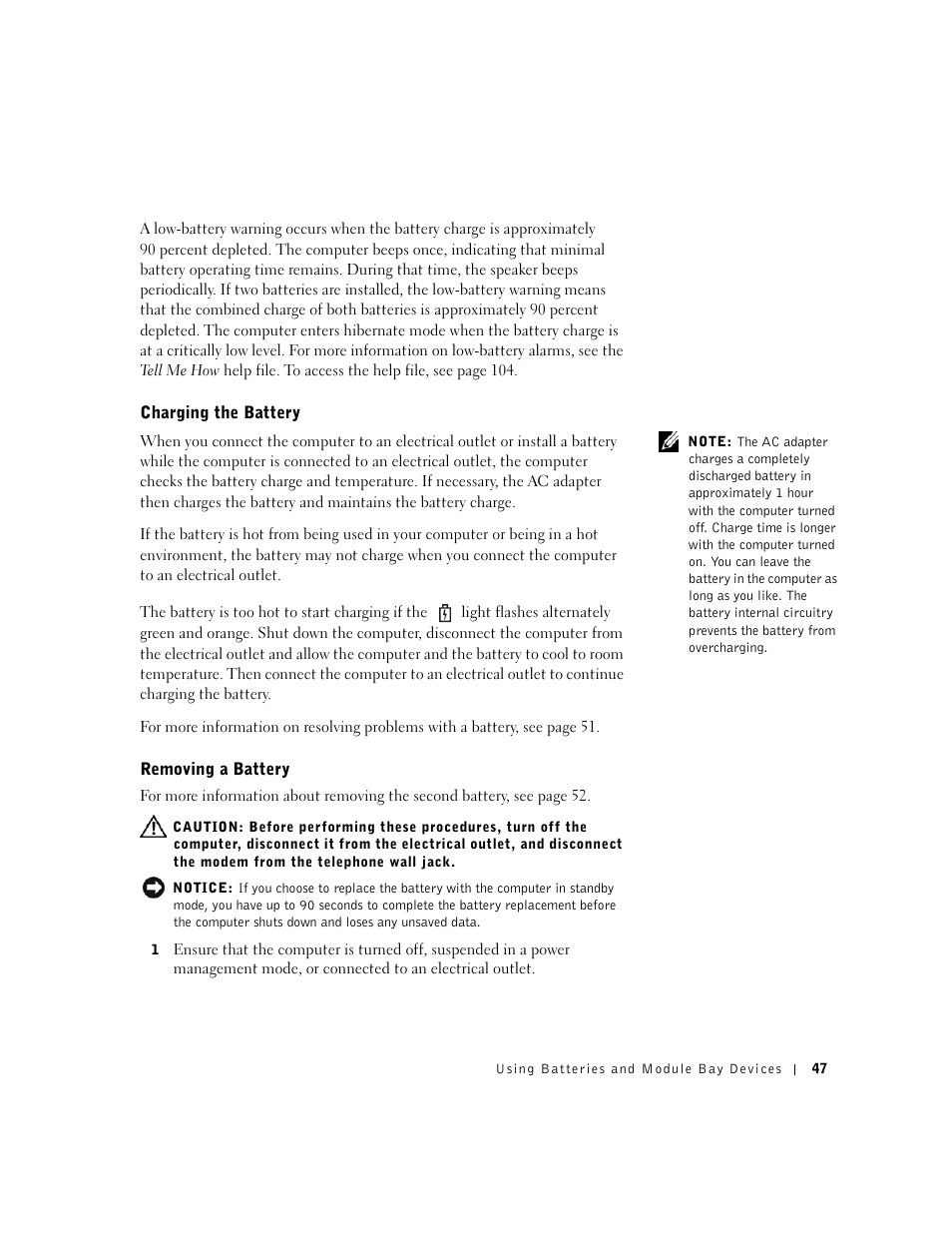 Charging the battery, Removing a battery | Dell Inspiron 8500 User Manual | Page 47 / 186