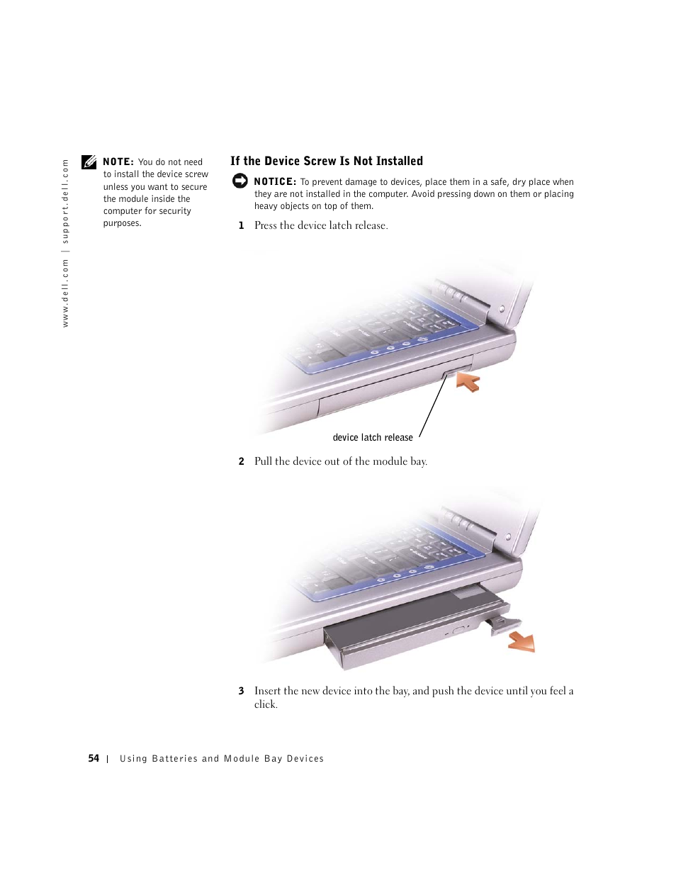 If the device screw is not installed | Dell Inspiron 8500 User Manual | Page 54 / 186