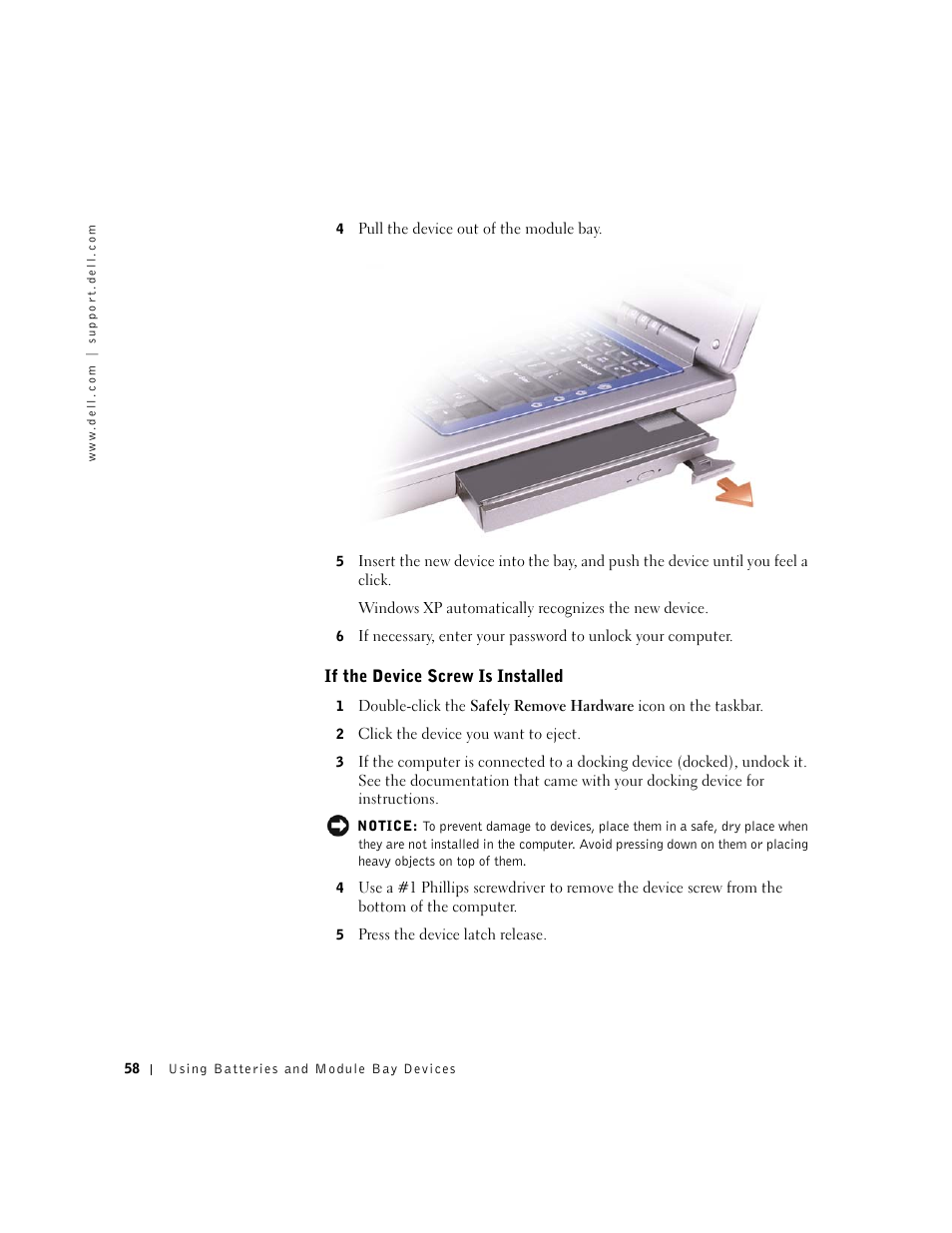 If the device screw is installed | Dell Inspiron 8500 User Manual | Page 58 / 186