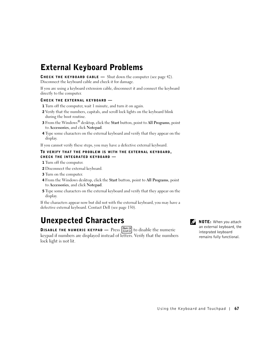 External keyboard problems, Unexpected characters, External keyboard problems unexpected characters | Dell Inspiron 8500 User Manual | Page 67 / 186
