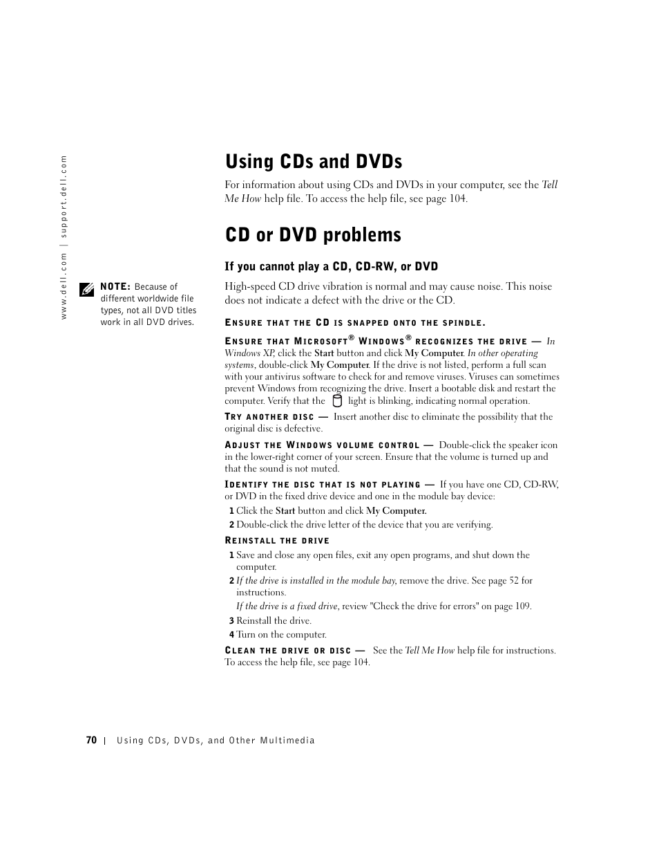 Using cds and dvds, Cd or dvd problems, If you cannot play a cd, cd-rw, or dvd | Using cds and dvds cd or dvd problems | Dell Inspiron 8500 User Manual | Page 70 / 186