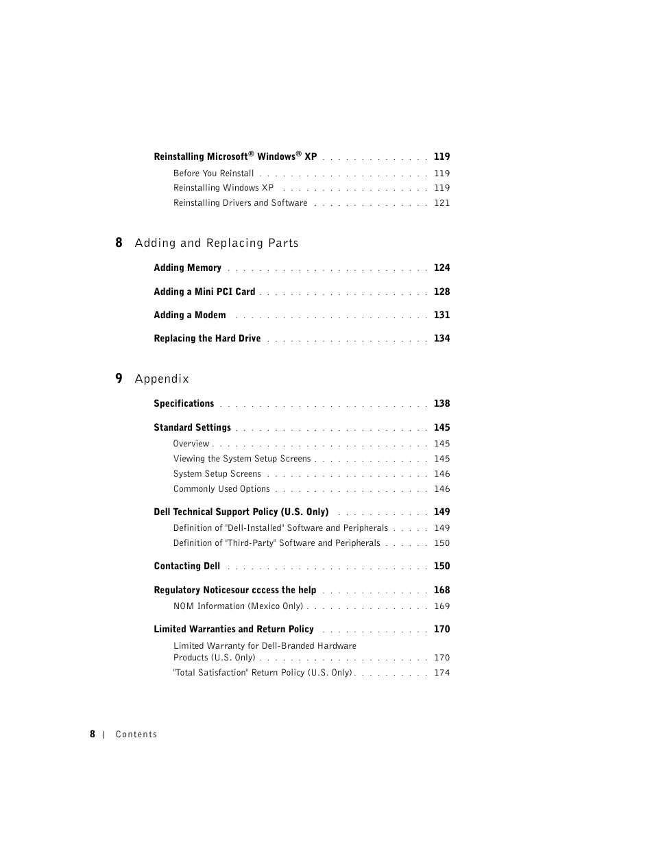 8 adding and replacing parts, 9 appendix | Dell Inspiron 8500 User Manual | Page 8 / 186