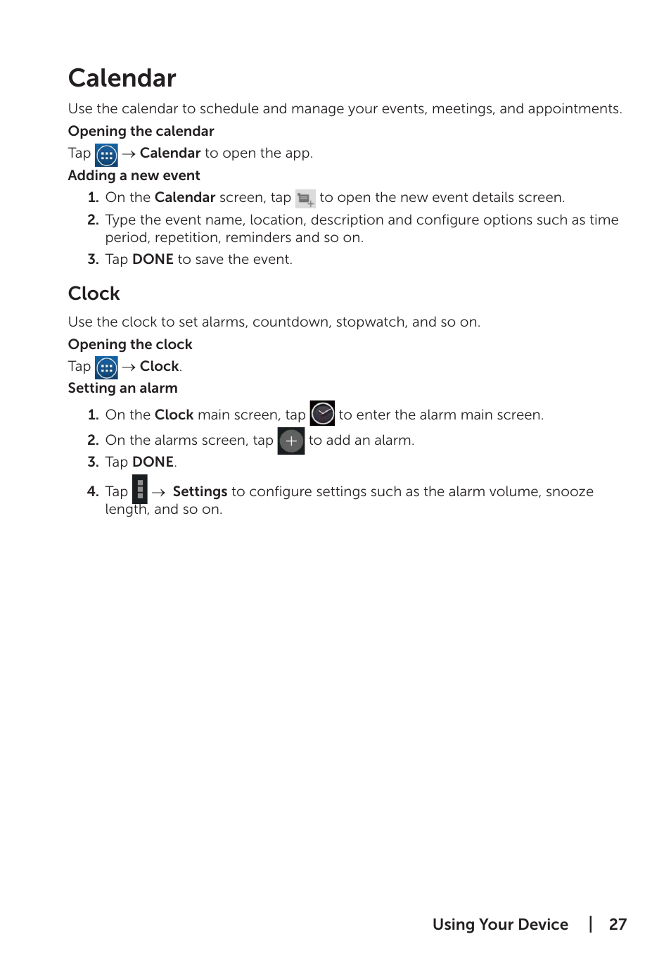 Calendar, Clock | Dell Venue 7 (3741, Late 2014) User Manual | Page 27 / 30