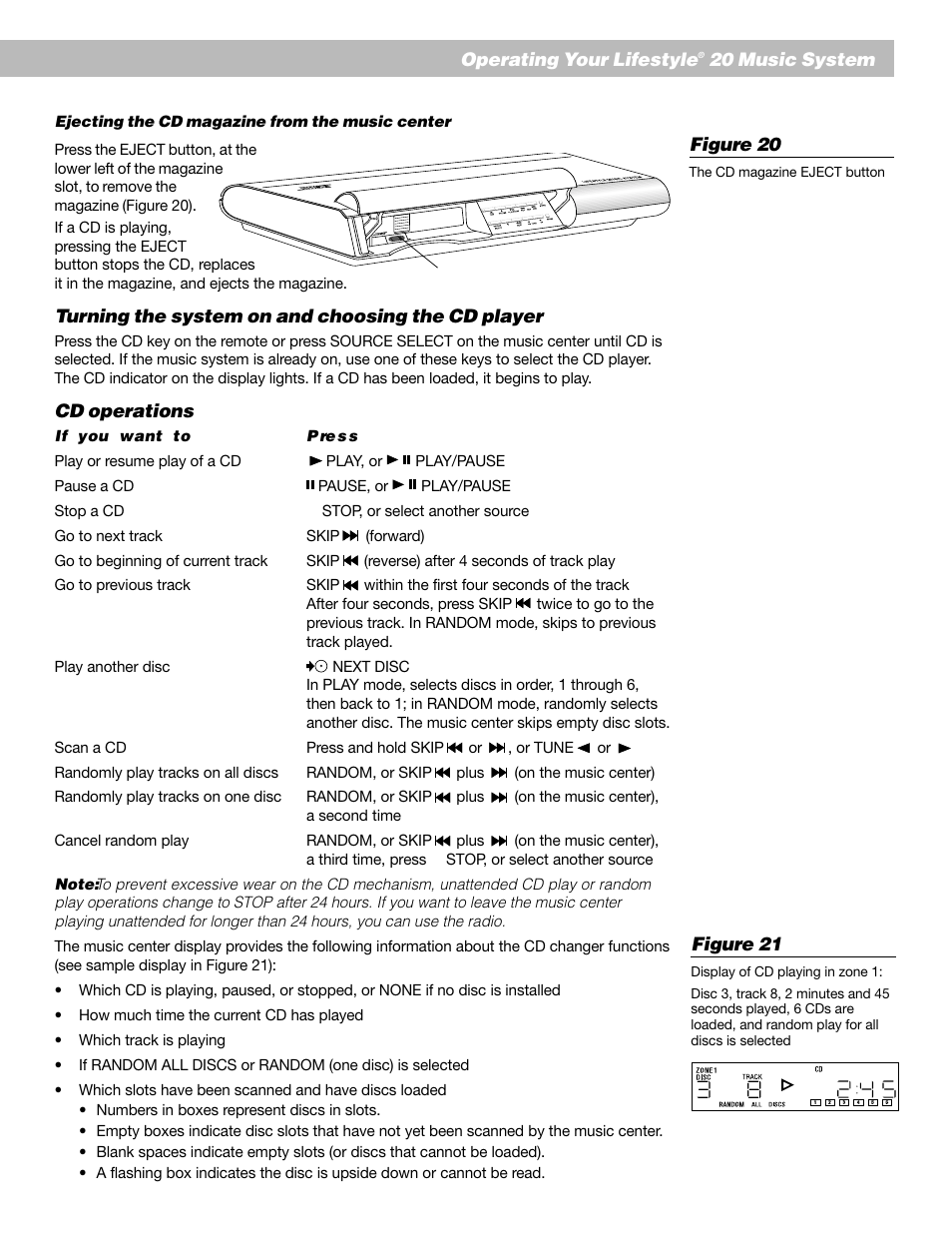 English, Turning the system on and choosing the cd player, Cd operations | Operating your lifestyle, 20 music system figure 20, Figure 21 | Bose Lifestyle 20 User Manual | Page 17 / 31