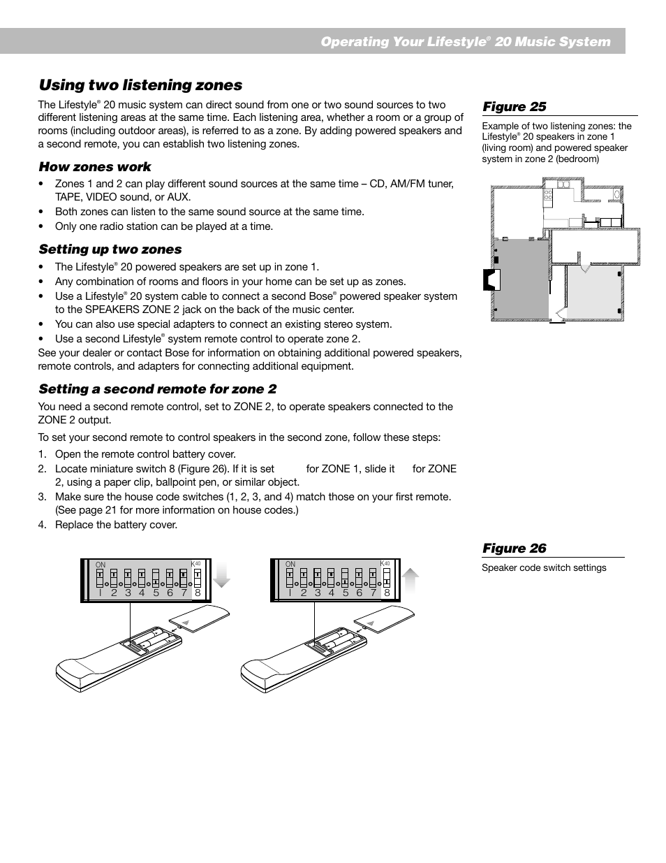 Using two listening zones, English, How zones work | Setting up two zones, Setting a second remote for zone 2, Operating your lifestyle, 20 music system figure 25, Figure 26 | Bose Lifestyle 20 User Manual | Page 21 / 31