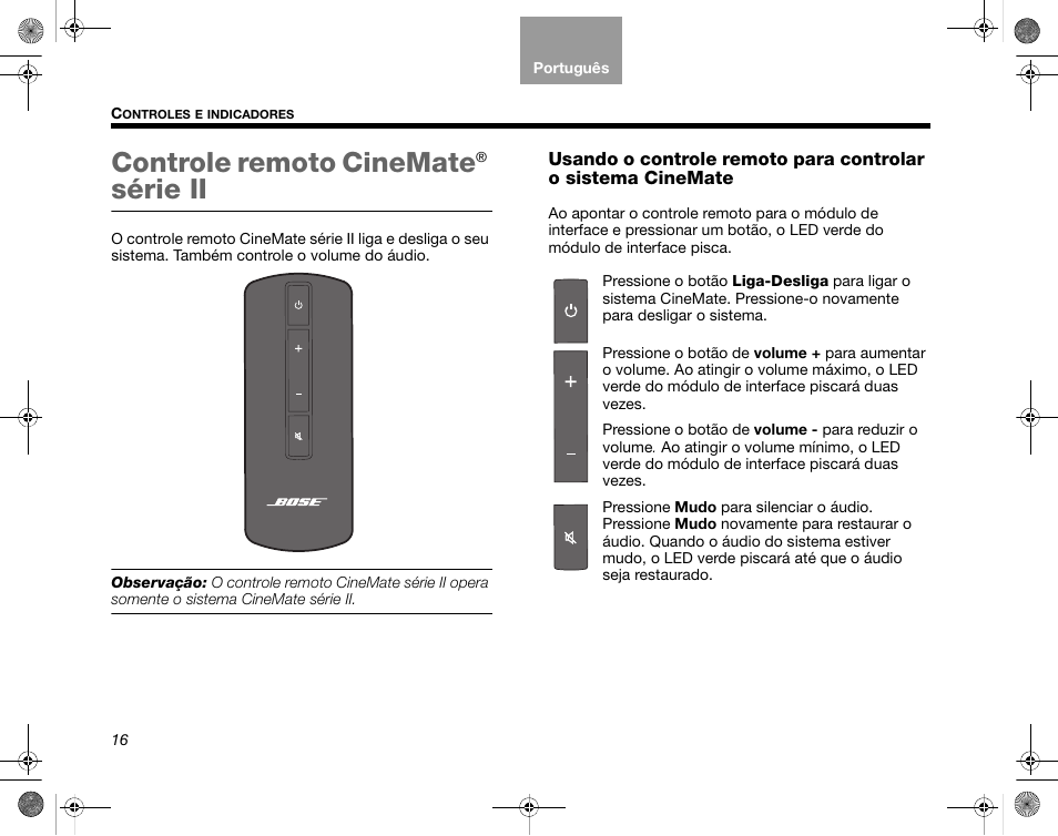 Controle remoto cinemate, Série ii | Bose CineMate GS Series II User Manual | Page 108 / 124
