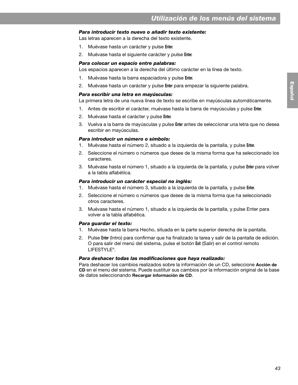 Utilización de los menús del sistema | Bose LIFESTYLE 38 User Manual | Page 101 / 184