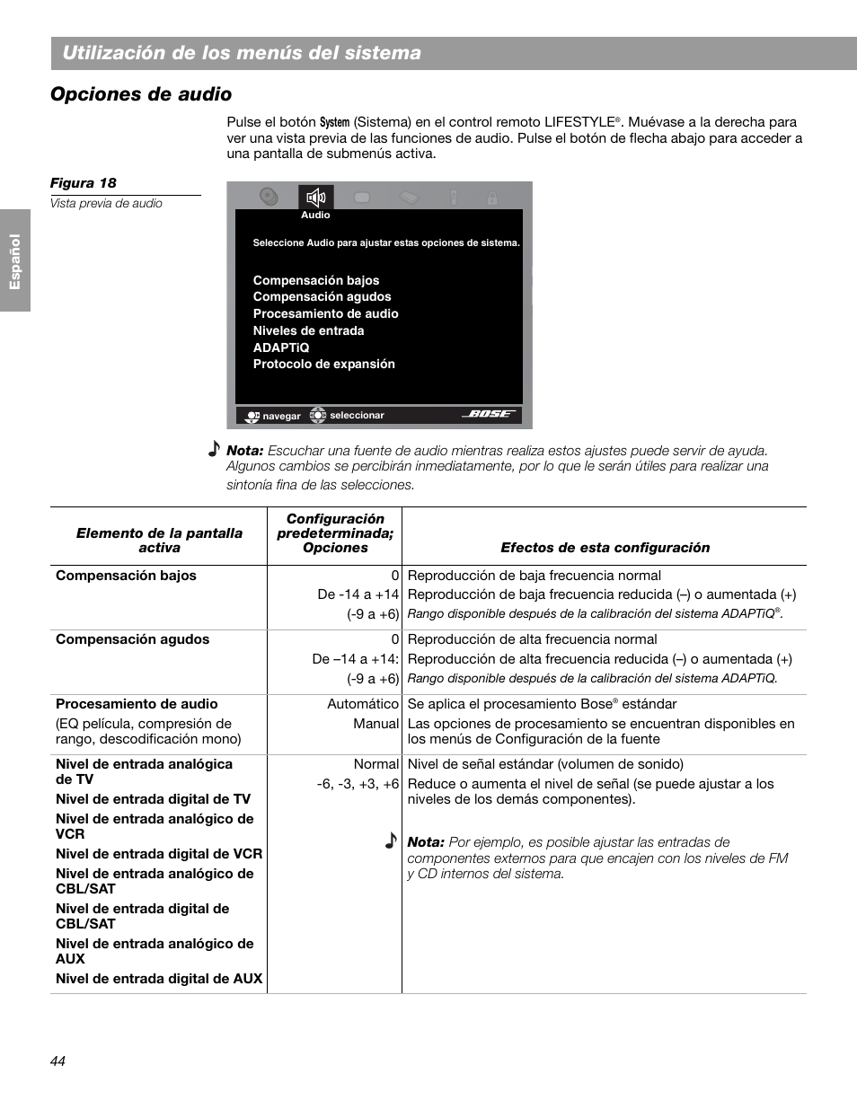 Utilización de los menús del sistema, Opciones de audio | Bose LIFESTYLE 38 User Manual | Page 102 / 184