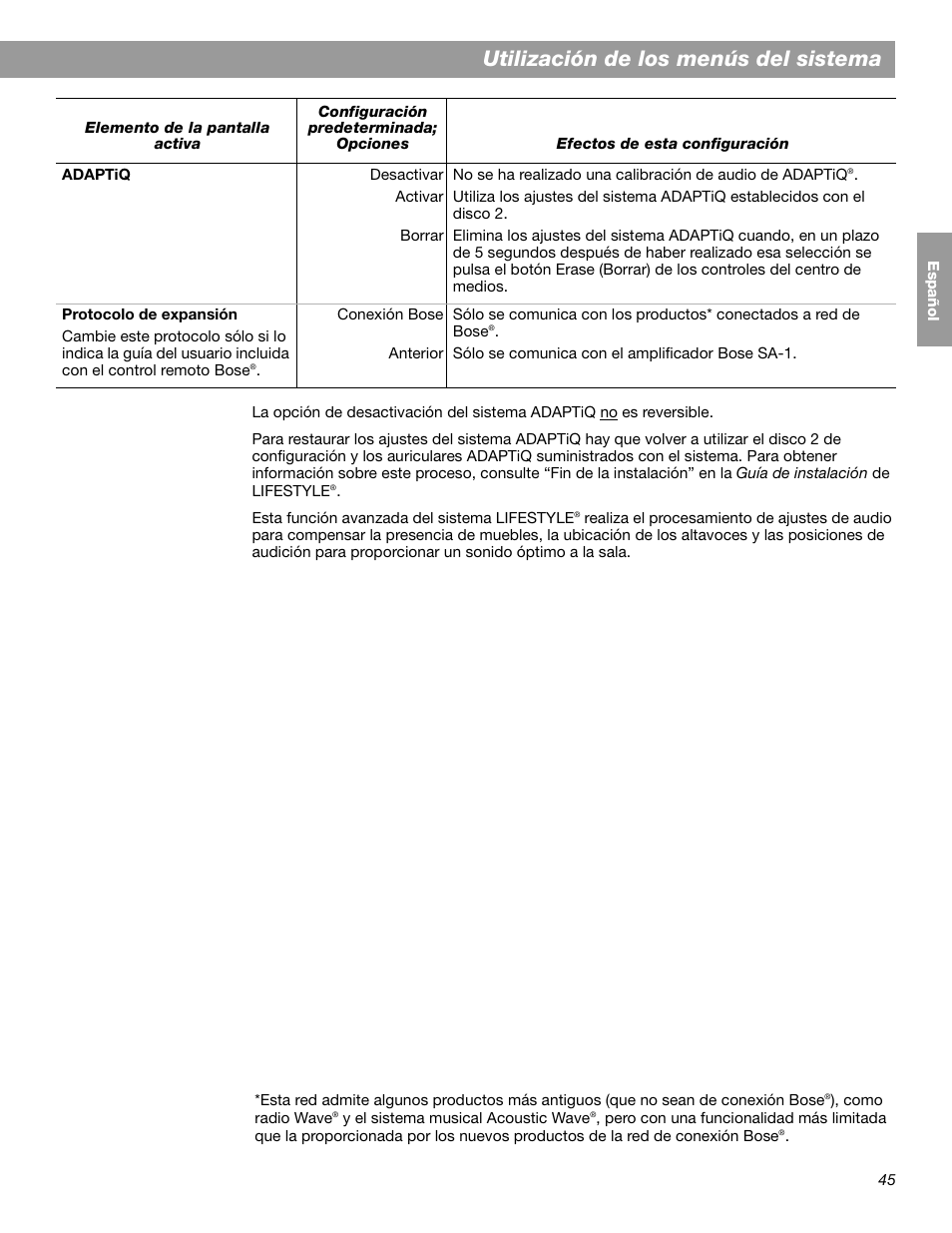 Utilización de los menús del sistema | Bose LIFESTYLE 38 User Manual | Page 103 / 184