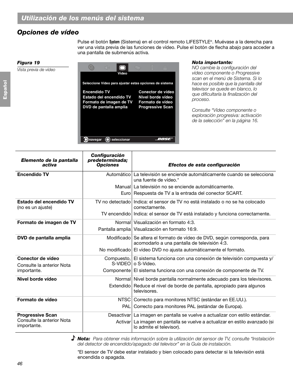 Utilización de los menús del sistema, Opciones de vídeo | Bose LIFESTYLE 38 User Manual | Page 104 / 184