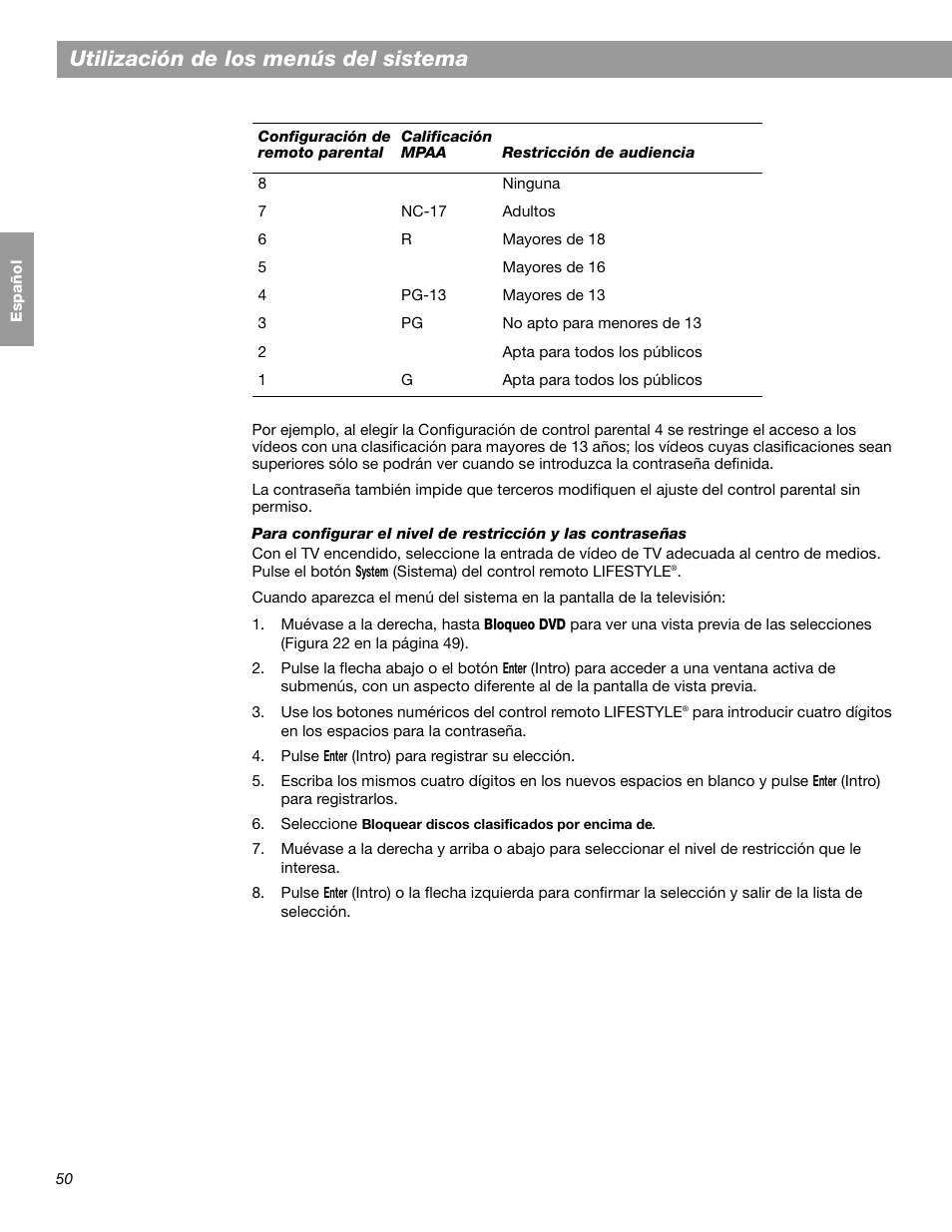 Utilización de los menús del sistema | Bose LIFESTYLE 38 User Manual | Page 108 / 184