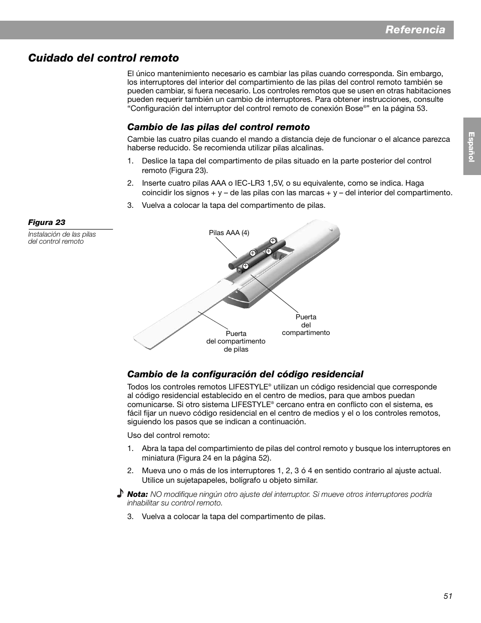 Referencia cuidado del control remoto | Bose LIFESTYLE 38 User Manual | Page 109 / 184