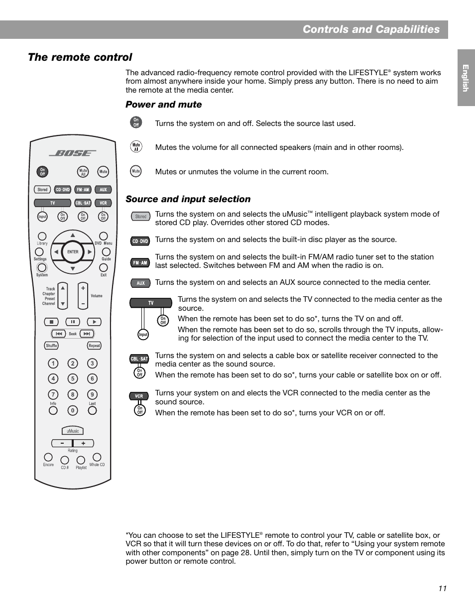 Controls and capabilities the remote control | Bose LIFESTYLE 38 User Manual | Page 11 / 184