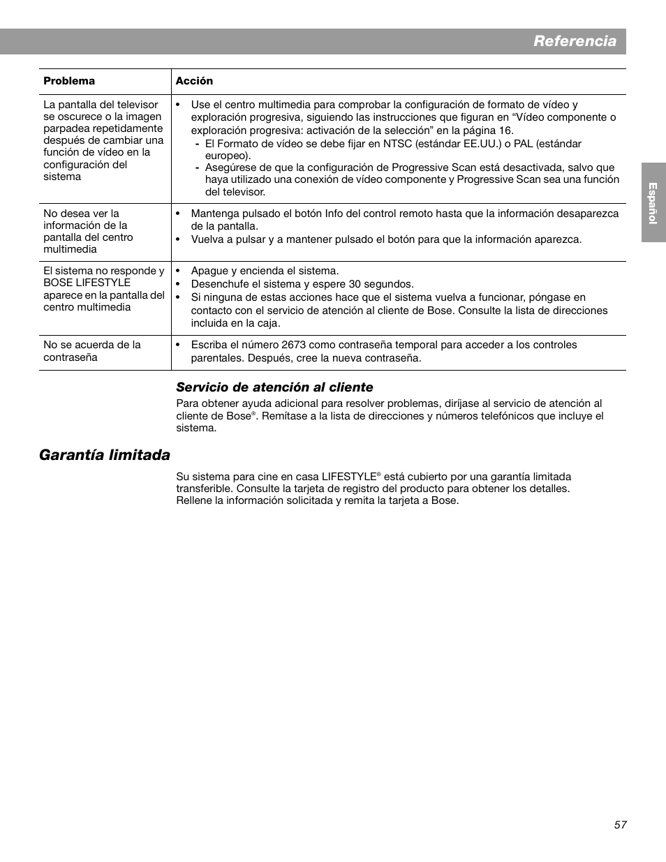 Referencia, Garantía limitada | Bose LIFESTYLE 38 User Manual | Page 115 / 184