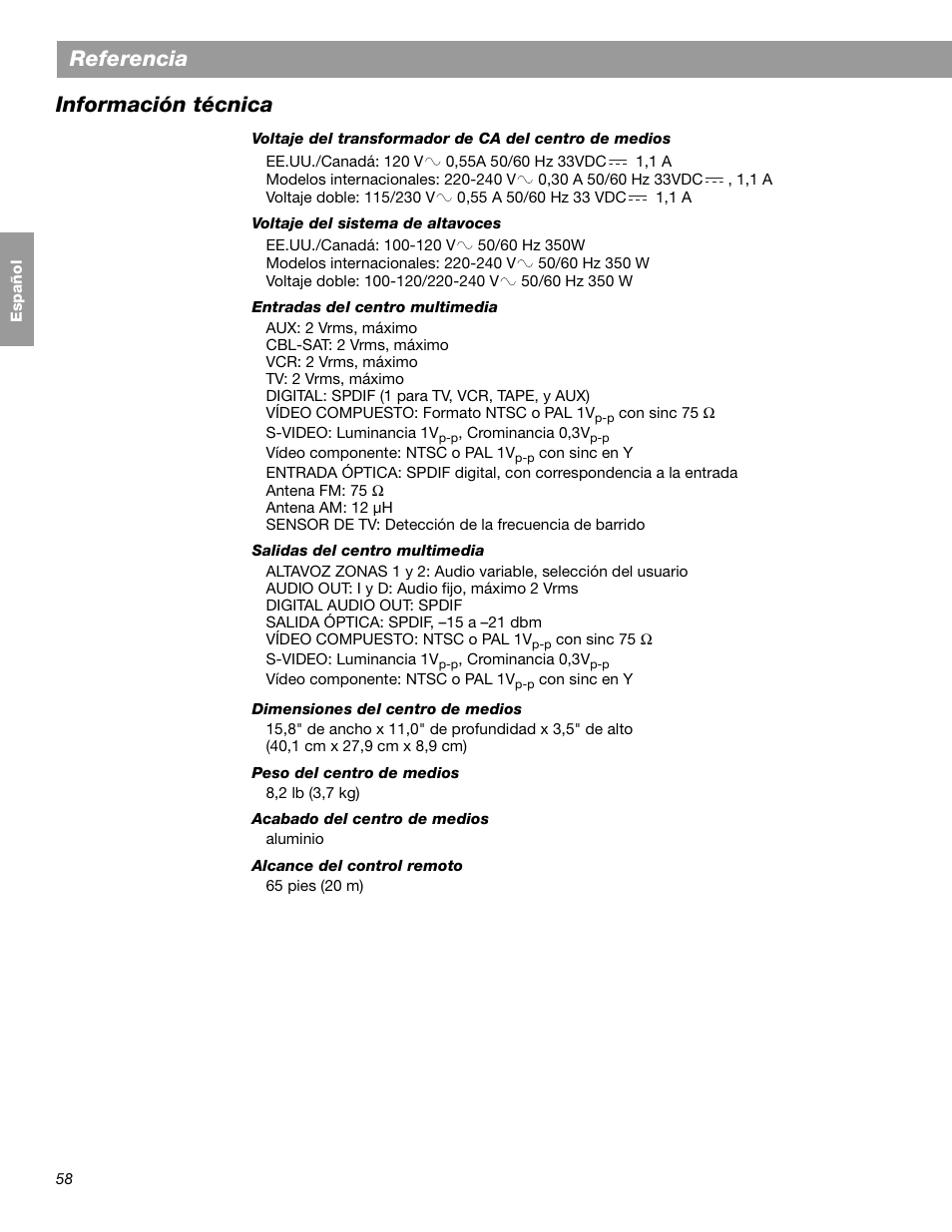 Referencia, Información técnica | Bose LIFESTYLE 38 User Manual | Page 116 / 184