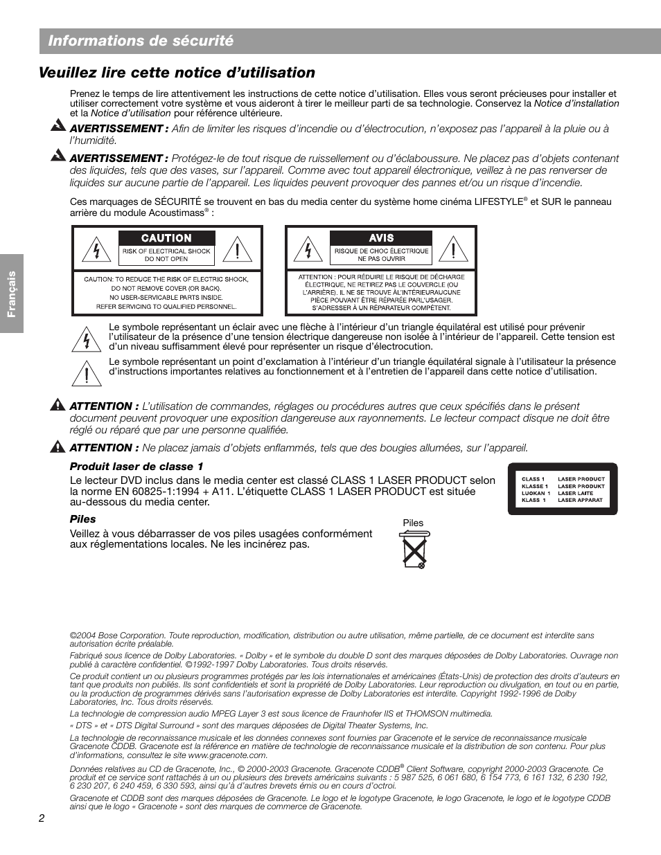 Informations de sécurité, Veuillez lire cette notice d’utilisation | Bose LIFESTYLE 38 User Manual | Page 118 / 184