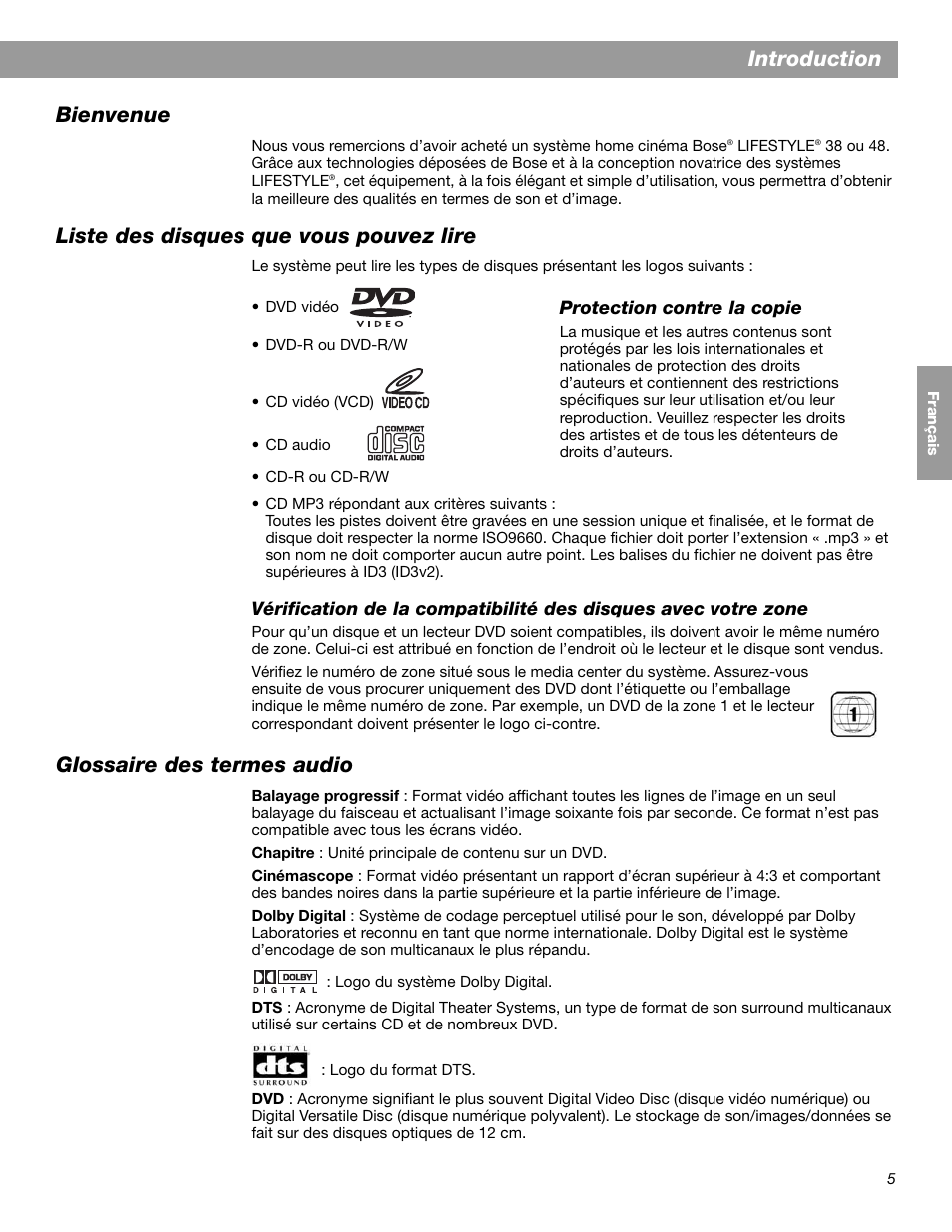 Introduction bienvenue, Liste des disques que vous pouvez lire, Glossaire des termes audio | Bose LIFESTYLE 38 User Manual | Page 121 / 184