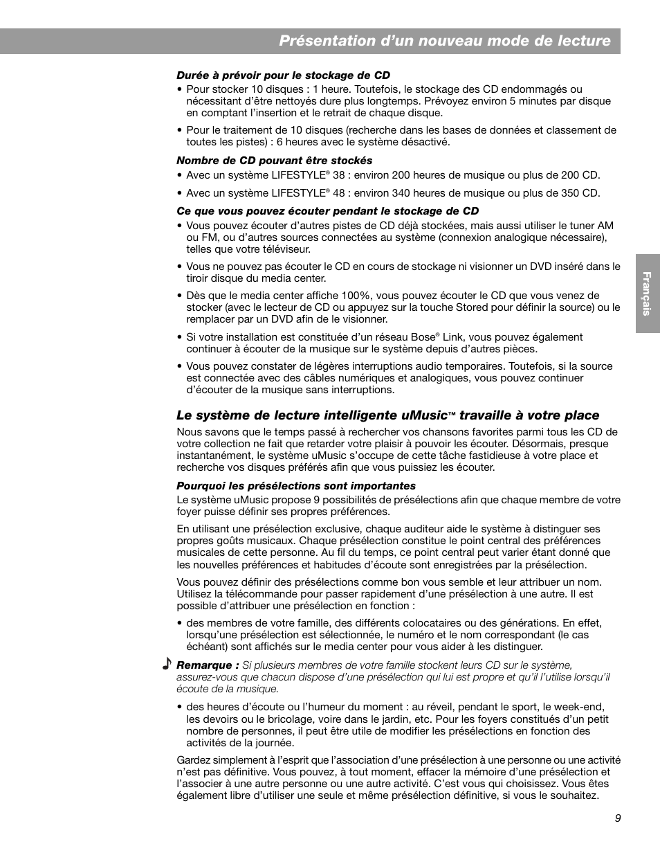 Présentation d’un nouveau mode de lecture | Bose LIFESTYLE 38 User Manual | Page 125 / 184