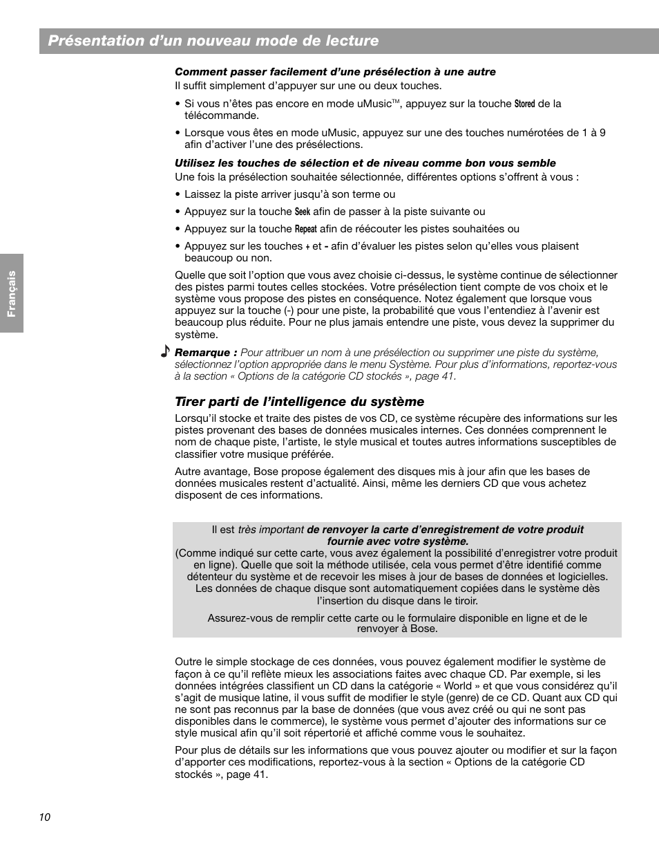 Présentation d’un nouveau mode de lecture | Bose LIFESTYLE 38 User Manual | Page 126 / 184