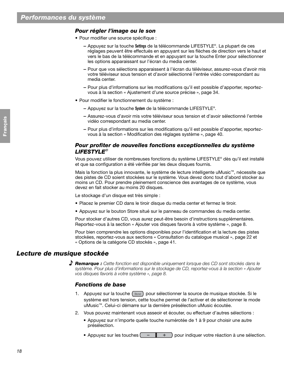 Performances du système, Lecture de musique stockée | Bose LIFESTYLE 38 User Manual | Page 134 / 184