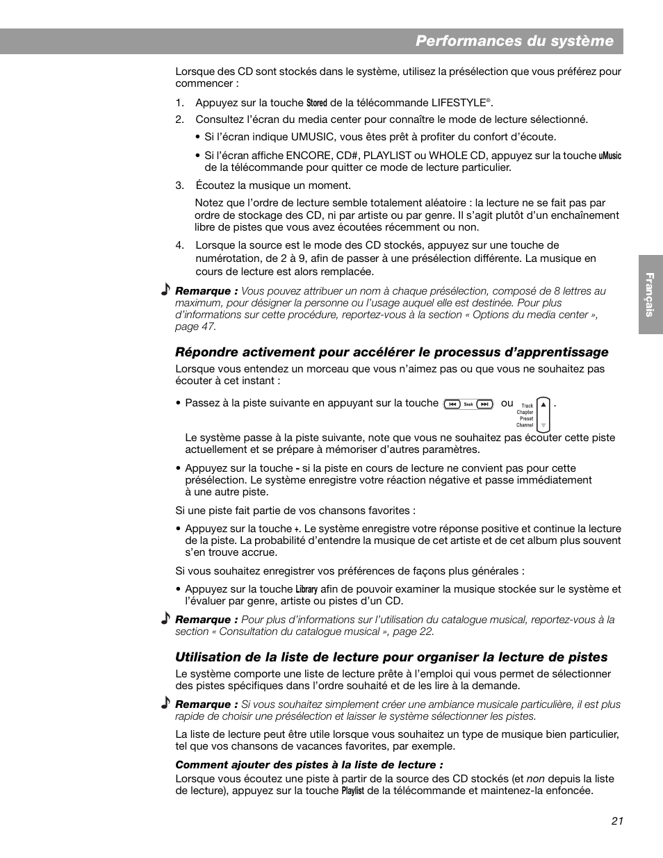 Performances du système | Bose LIFESTYLE 38 User Manual | Page 137 / 184