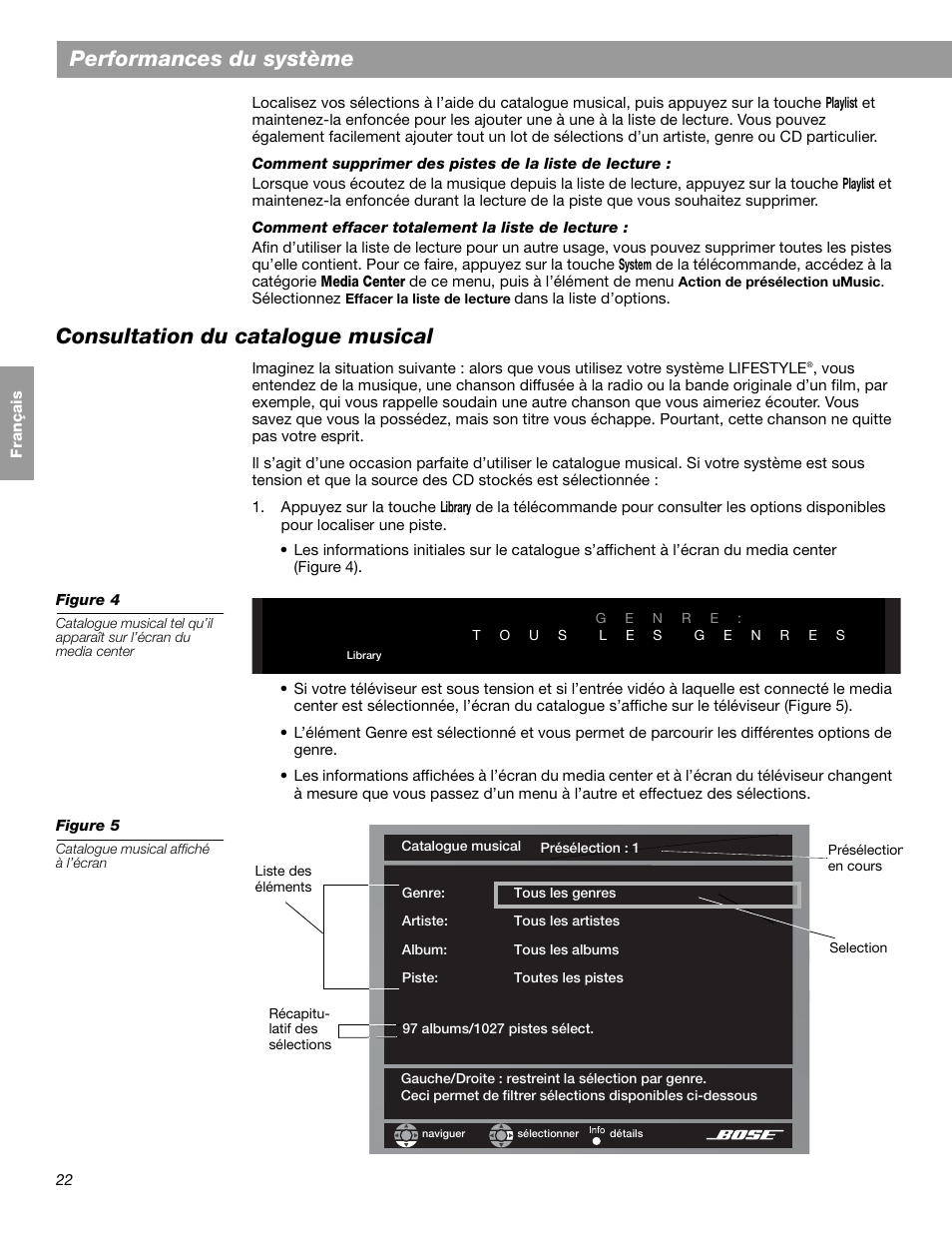 Performances du système, Consultation du catalogue musical | Bose LIFESTYLE 38 User Manual | Page 138 / 184
