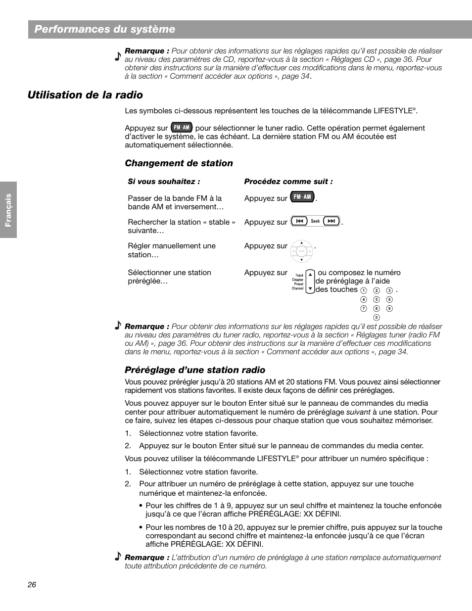 Performances du système, Utilisation de la radio | Bose LIFESTYLE 38 User Manual | Page 142 / 184