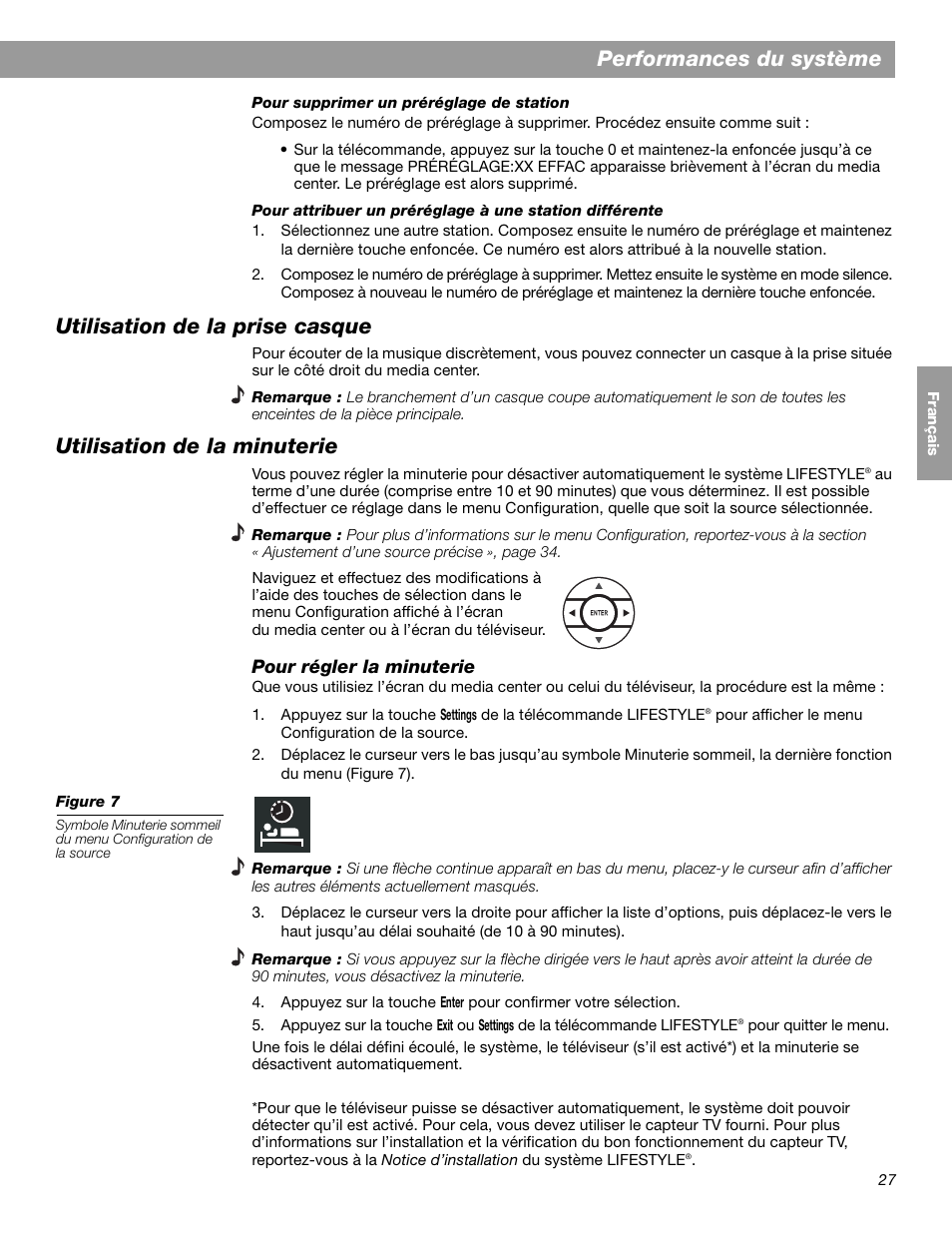 Performances du système, Utilisation de la prise casque, Utilisation de la minuterie | Bose LIFESTYLE 38 User Manual | Page 143 / 184