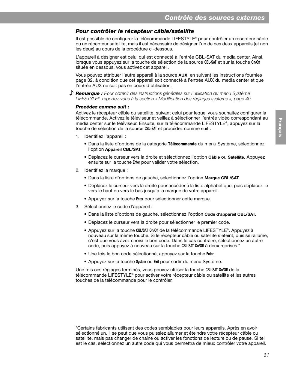Contrôle des sources externes, Pour contrôler le récepteur câble/satellite | Bose LIFESTYLE 38 User Manual | Page 147 / 184