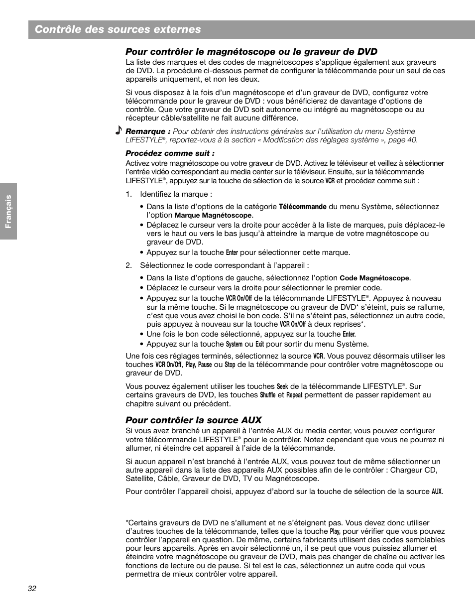 Contrôle des sources externes, Pour contrôler la source aux | Bose LIFESTYLE 38 User Manual | Page 148 / 184