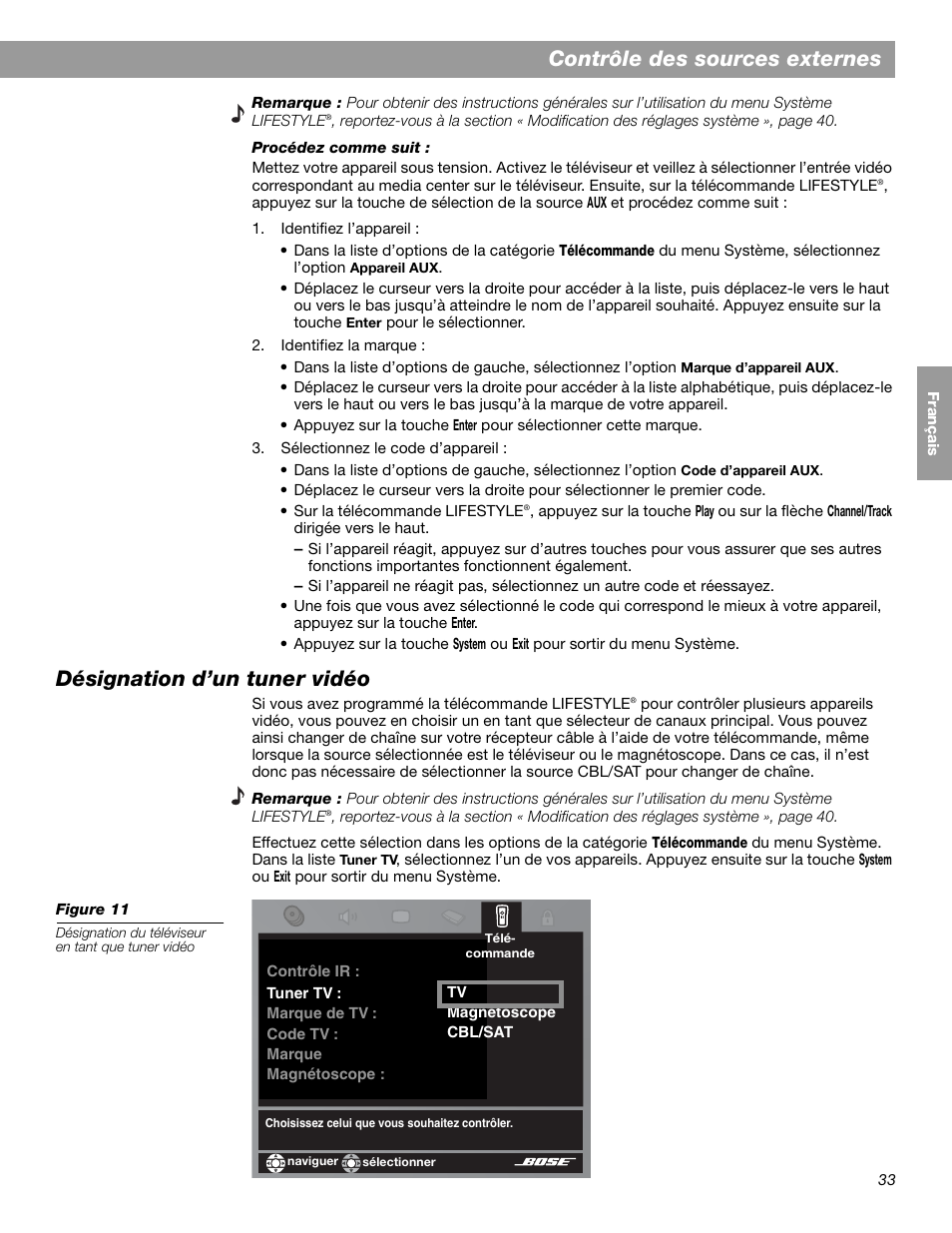 Contrôle des sources externes, Désignation d’un tuner vidéo | Bose LIFESTYLE 38 User Manual | Page 149 / 184