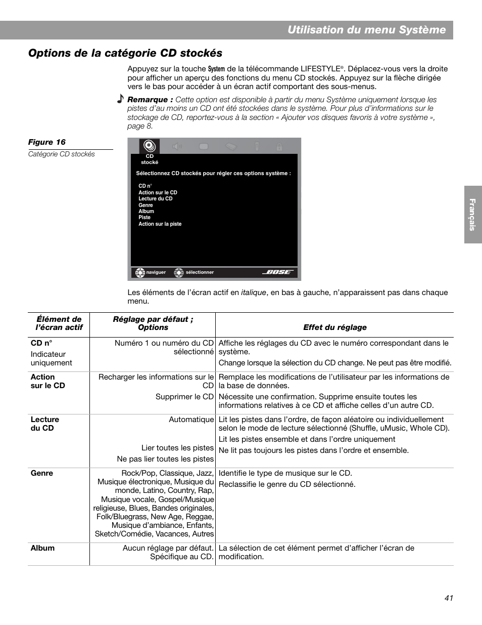 Utilisation du menu système, Options de la catégorie cd stockés | Bose LIFESTYLE 38 User Manual | Page 157 / 184