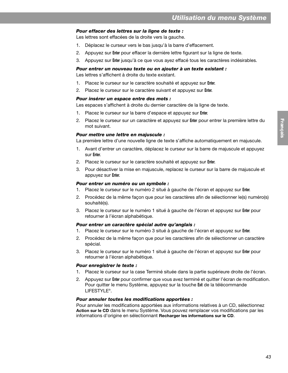 Utilisation du menu système | Bose LIFESTYLE 38 User Manual | Page 159 / 184