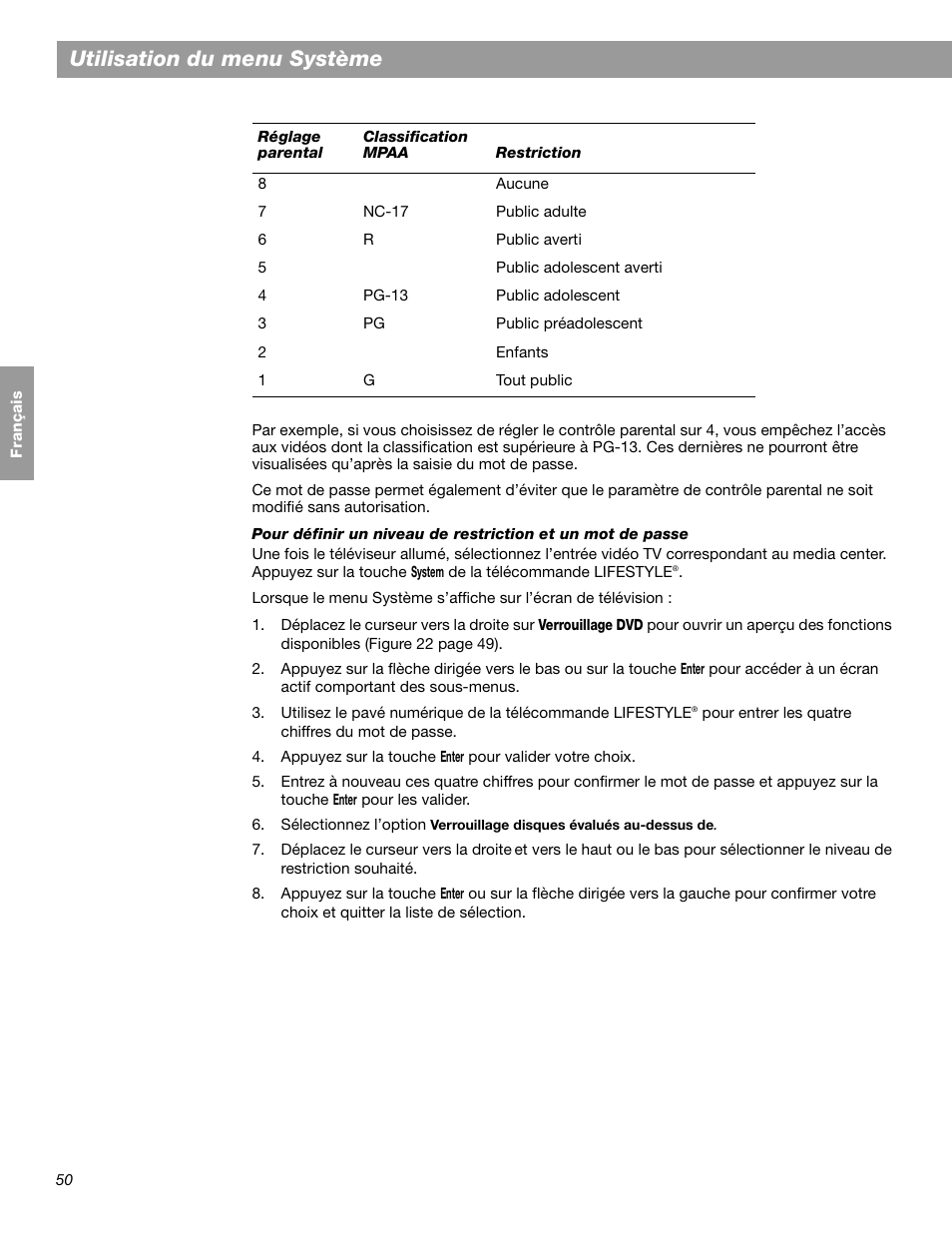Utilisation du menu système | Bose LIFESTYLE 38 User Manual | Page 166 / 184