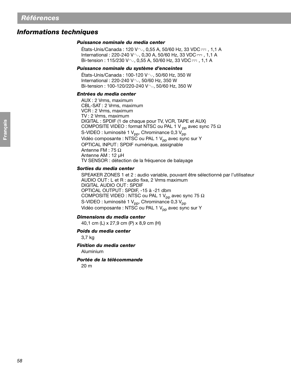 Références, Informations techniques | Bose LIFESTYLE 38 User Manual | Page 174 / 184