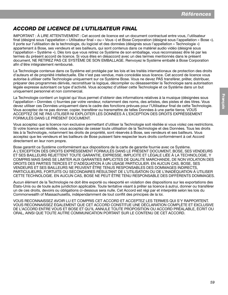 Références, Accord de licence de l’utilisateur final | Bose LIFESTYLE 38 User Manual | Page 175 / 184