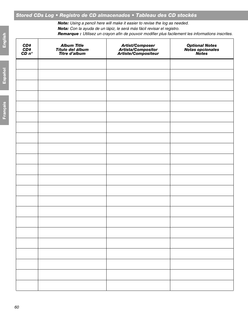 Tableau des cd stockés | Bose LIFESTYLE 38 User Manual | Page 176 / 184