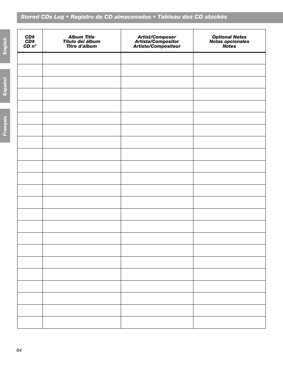 Tableau des cd stockés | Bose LIFESTYLE 38 User Manual | Page 180 / 184