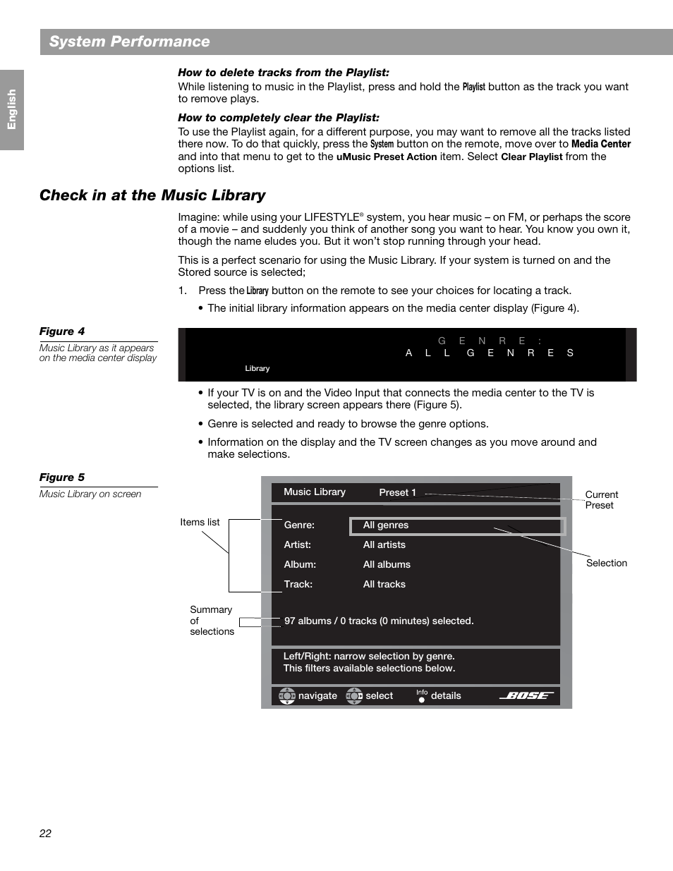 System performance, Check in at the music library | Bose LIFESTYLE 38 User Manual | Page 22 / 184