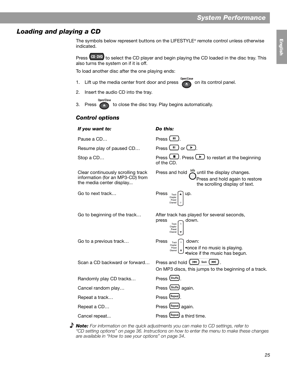 System performance, Loading and playing a cd | Bose LIFESTYLE 38 User Manual | Page 25 / 184