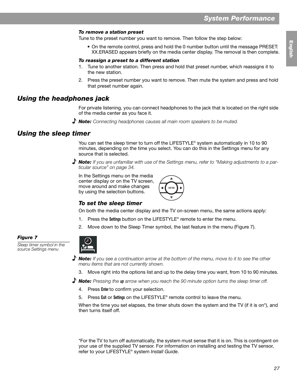 System performance, Using the headphones jack, Using the sleep timer | Bose LIFESTYLE 38 User Manual | Page 27 / 184