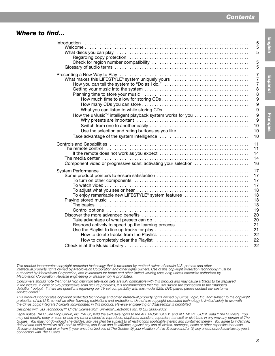 Contents where to find | Bose LIFESTYLE 38 User Manual | Page 3 / 184