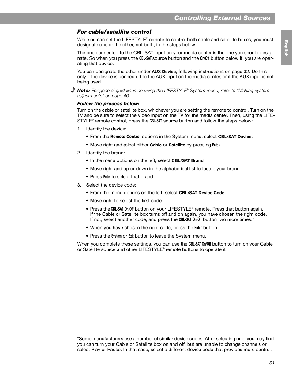 Controlling external sources, For cable/satellite control | Bose LIFESTYLE 38 User Manual | Page 31 / 184