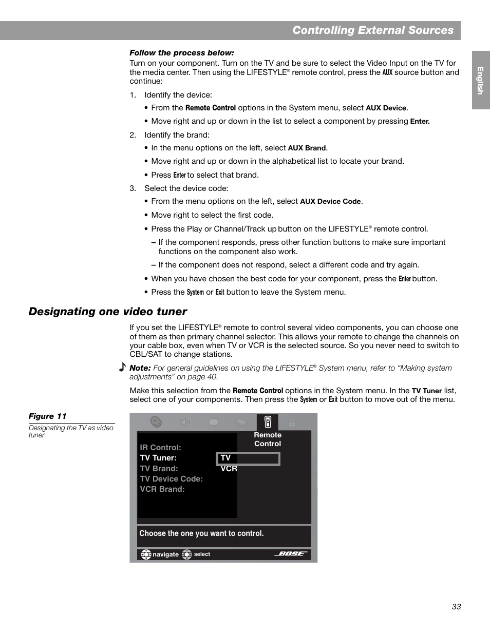 Controlling external sources, Designating one video tuner | Bose LIFESTYLE 38 User Manual | Page 33 / 184